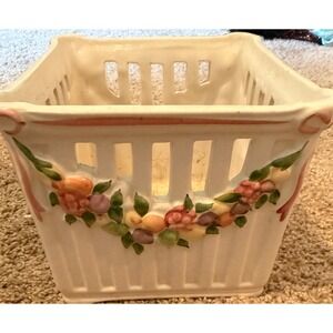 Neuwirth Vintage Ceramic Square Basket Planter Floral Fruit Portugal Cream 5.5in